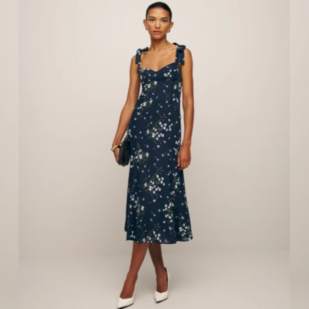 NWOT Reformation Nadira Dress in Chopine Blue White Floral Midi Tie Straps